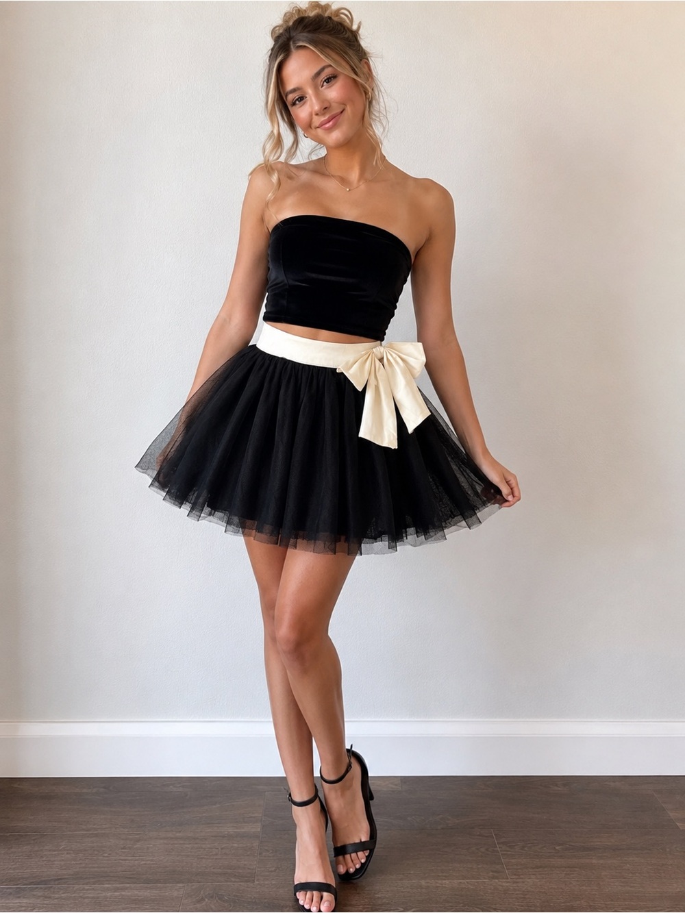 Black Tulle Skirt with Off-White Waist Band & Bow Brand: Twenty One